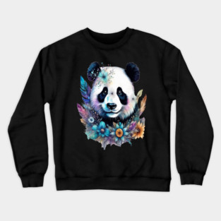Fantasy, Watercolor, Panda Bear With Flowers and Butterflies Crewneck Sweatshirt