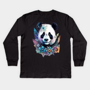 Fantasy, Watercolor, Panda Bear With Flowers and Butterflies Kids Long Sleeve T-Shirt