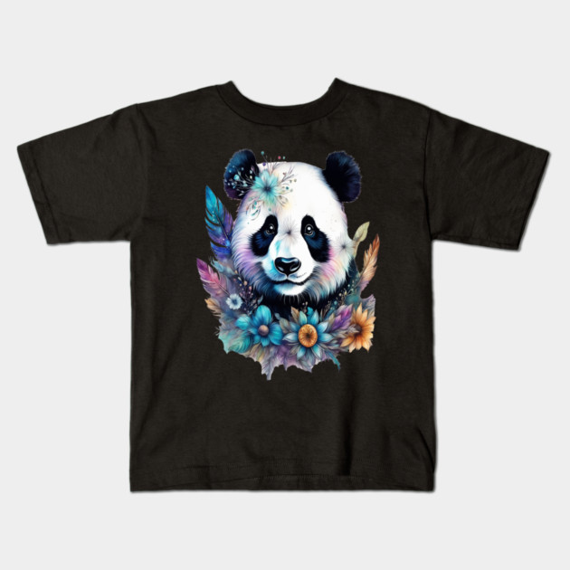 Fantasy, Watercolor, Panda Bear With Flowers and Butterflies Kids T-Shirt by BirdsnStuff