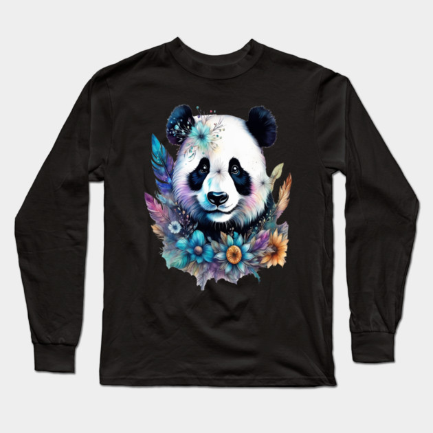 Fantasy, Watercolor, Panda Bear With Flowers and Butterflies Long Sleeve T-Shirt by BirdsnStuff