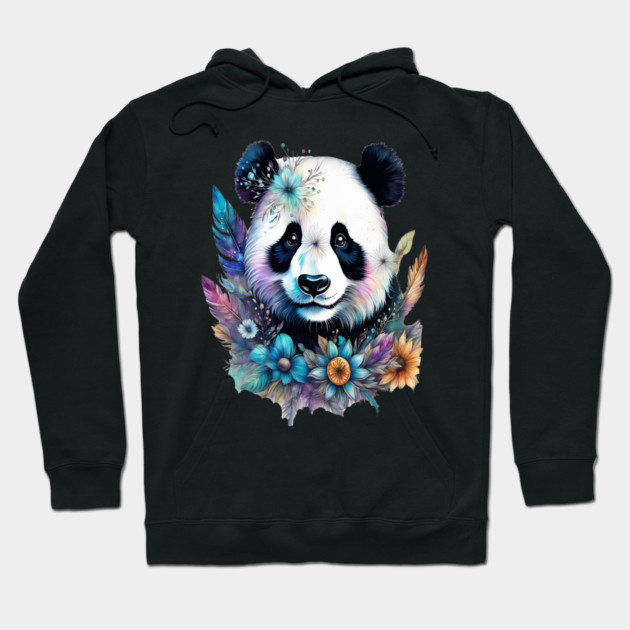 Fantasy, Watercolor, Panda Bear With Flowers and Butterflies Hoodie by BirdsnStuff
