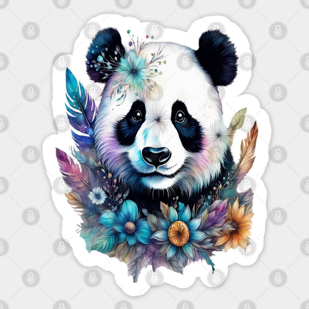 Fantasy, Watercolor, Panda Bear With Flowers and Butterflies Sticker by BirdsnStuff