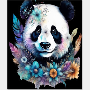 Fantasy, Watercolor, Panda Bear With Flowers and Butterflies Posters and Art