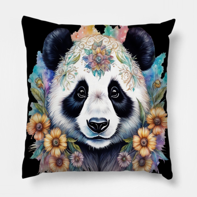Fantasy, Watercolor, Panda Bear With Flowers and Butterflies Pillow by BirdsnStuff