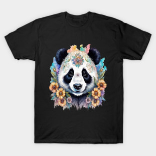 Fantasy, Watercolor, Panda Bear With Flowers and Butterflies T-Shirt