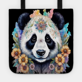 Fantasy, Watercolor, Panda Bear With Flowers and Butterflies Tote
