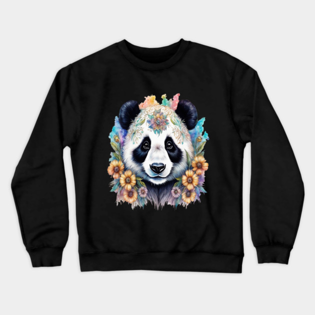 Fantasy, Watercolor, Panda Bear With Flowers and Butterflies Crewneck Sweatshirt by BirdsnStuff