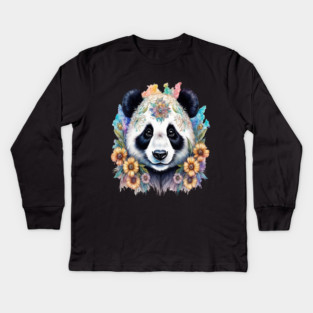 Fantasy, Watercolor, Panda Bear With Flowers and Butterflies Kids Long Sleeve T-Shirt