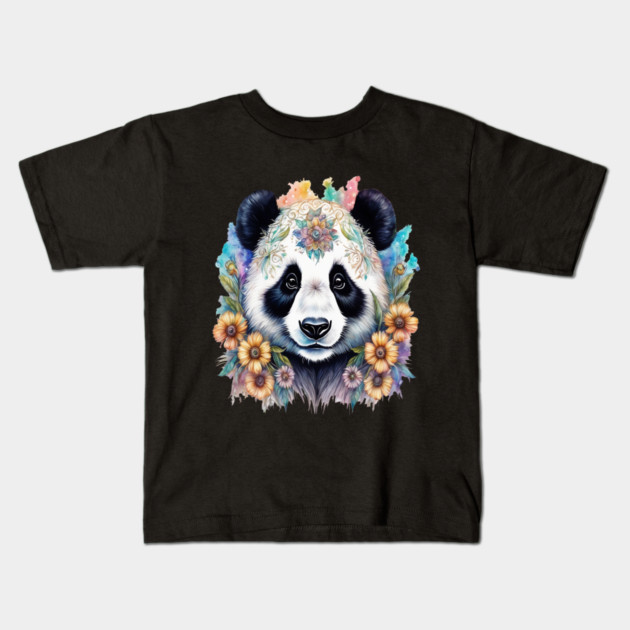 Fantasy, Watercolor, Panda Bear With Flowers and Butterflies Kids T-Shirt by BirdsnStuff