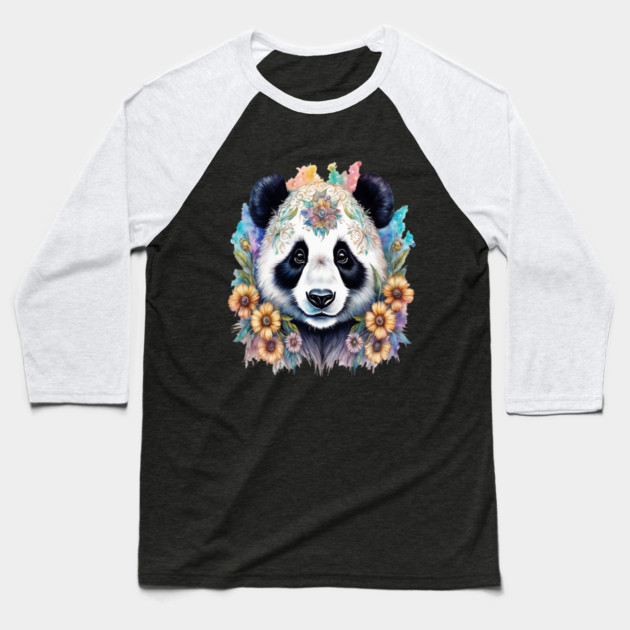 Fantasy, Watercolor, Panda Bear With Flowers and Butterflies Baseball T-Shirt by BirdsnStuff