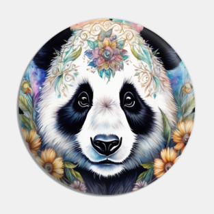 Fantasy, Watercolor, Panda Bear With Flowers and Butterflies Pin