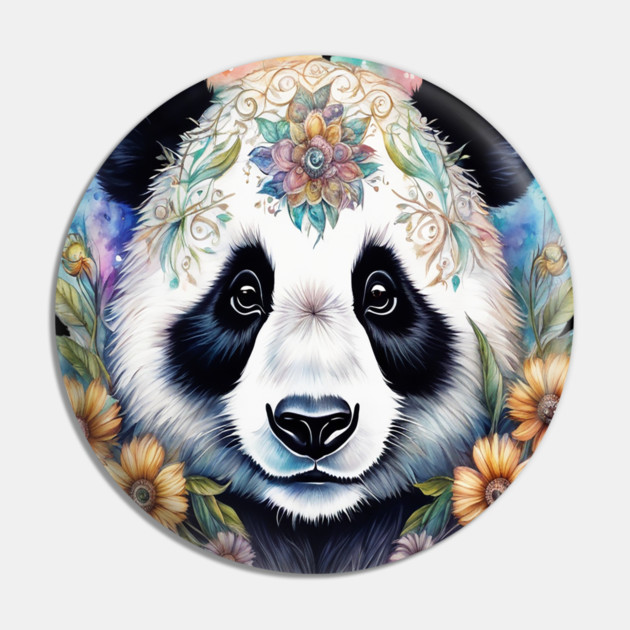 Fantasy, Watercolor, Panda Bear With Flowers and Butterflies Pin by BirdsnStuff