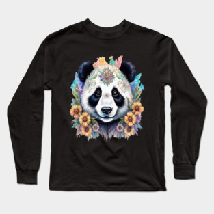 Fantasy, Watercolor, Panda Bear With Flowers and Butterflies Long Sleeve T-Shirt