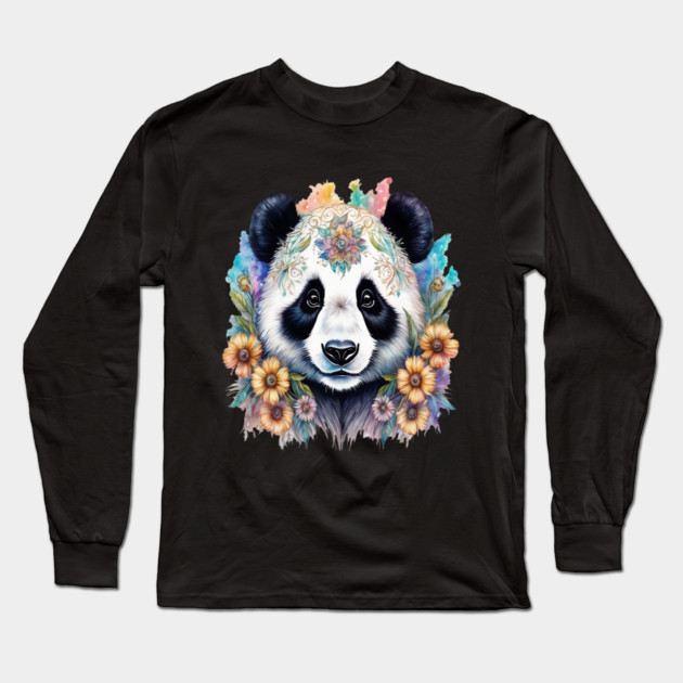 Fantasy, Watercolor, Panda Bear With Flowers and Butterflies Long Sleeve T-Shirt by BirdsnStuff