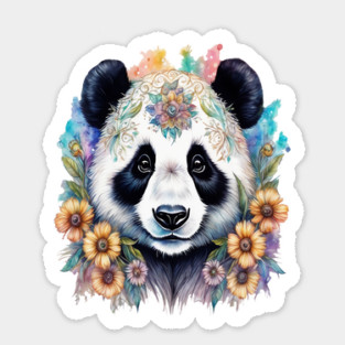 Fantasy, Watercolor, Panda Bear With Flowers and Butterflies Sticker