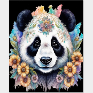 Fantasy, Watercolor, Panda Bear With Flowers and Butterflies Posters and Art