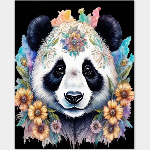 Fantasy, Watercolor, Panda Bear With Flowers and Butterflies Wall Art by BirdsnStuff
