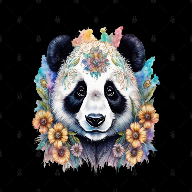Fantasy, Watercolor, Panda Bear With Flowers and Butterflies by BirdsnStuff
