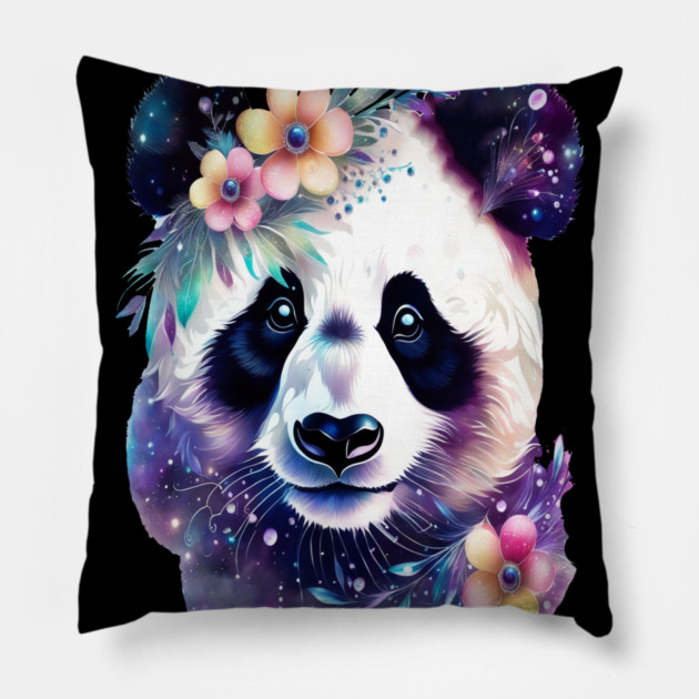Fantasy, Watercolor, Panda Bear With Flowers and Butterflies Pillow by BirdsnStuff