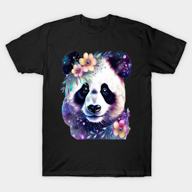 Fantasy, Watercolor, Panda Bear With Flowers and Butterflies T-Shirt by BirdsnStuff