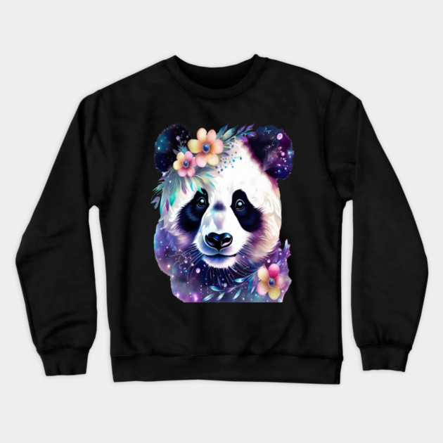 Fantasy, Watercolor, Panda Bear With Flowers and Butterflies Crewneck Sweatshirt by BirdsnStuff