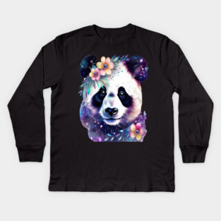 Fantasy, Watercolor, Panda Bear With Flowers and Butterflies Kids Long Sleeve T-Shirt