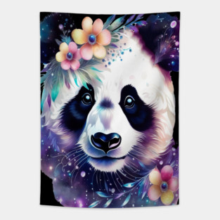 Fantasy, Watercolor, Panda Bear With Flowers and Butterflies Tapestry