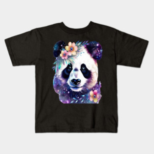 Fantasy, Watercolor, Panda Bear With Flowers and Butterflies Kids T-Shirt
