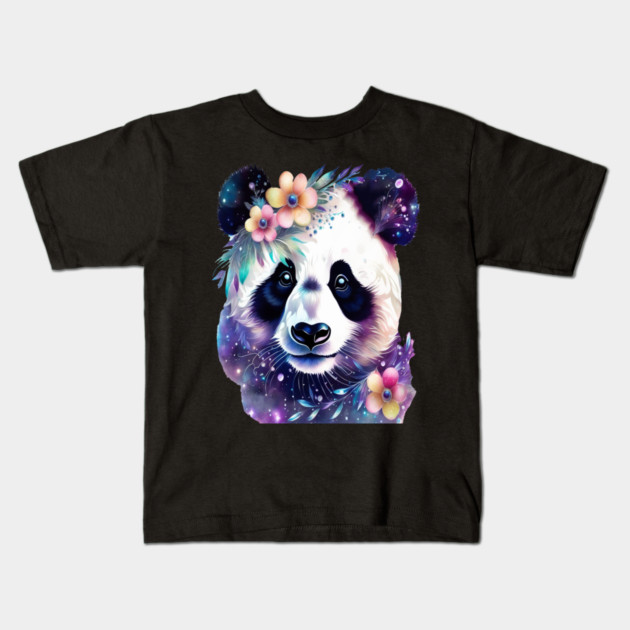 Fantasy, Watercolor, Panda Bear With Flowers and Butterflies Kids T-Shirt by BirdsnStuff