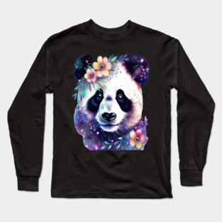 Fantasy, Watercolor, Panda Bear With Flowers and Butterflies Long Sleeve T-Shirt