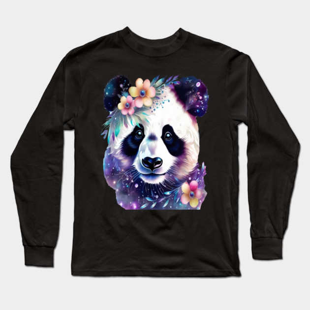 Fantasy, Watercolor, Panda Bear With Flowers and Butterflies Long Sleeve T-Shirt by BirdsnStuff