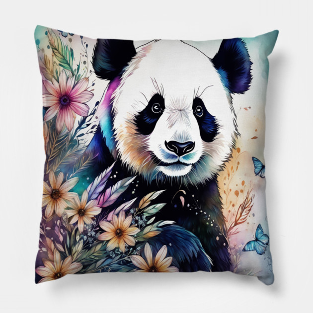 Fantasy, Watercolor, Panda Bear With Flowers and Butterflie Pillow by BirdsnStuff