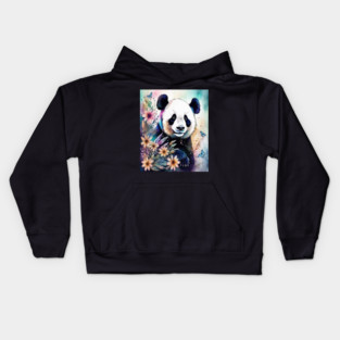 Fantasy, Watercolor, Panda Bear With Flowers and Butterflie Kids Hoodie