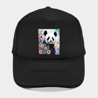 Fantasy, Watercolor, Panda Bear With Flowers and Butterflie Hat