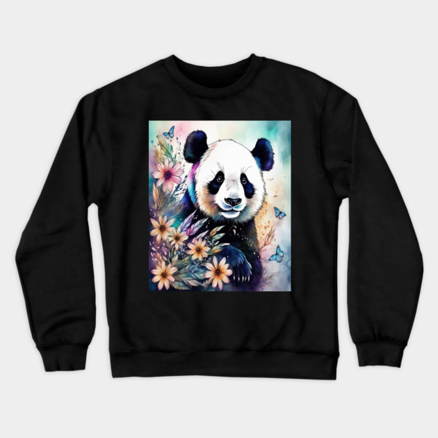 Fantasy, Watercolor, Panda Bear With Flowers and Butterflie Crewneck Sweatshirt by BirdsnStuff