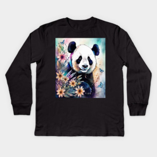 Fantasy, Watercolor, Panda Bear With Flowers and Butterflie Kids Long Sleeve T-Shirt