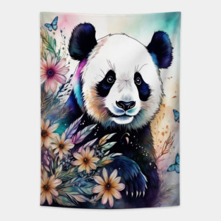Fantasy, Watercolor, Panda Bear With Flowers and Butterflie Tapestry