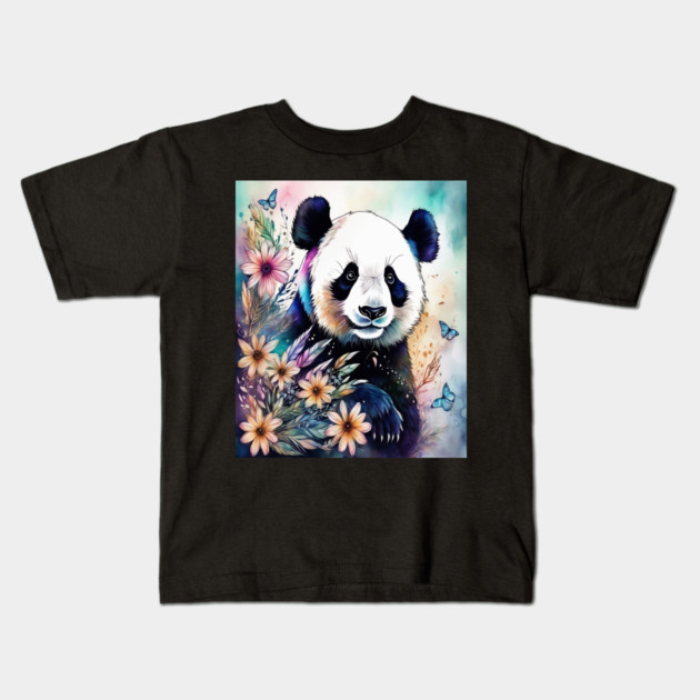 Fantasy, Watercolor, Panda Bear With Flowers and Butterflie Kids T-Shirt by BirdsnStuff