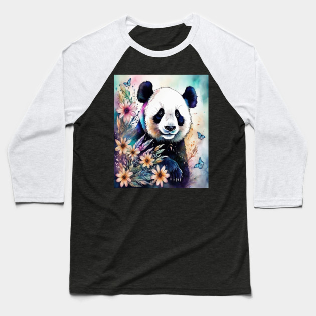 Fantasy, Watercolor, Panda Bear With Flowers and Butterflie Baseball T-Shirt by BirdsnStuff