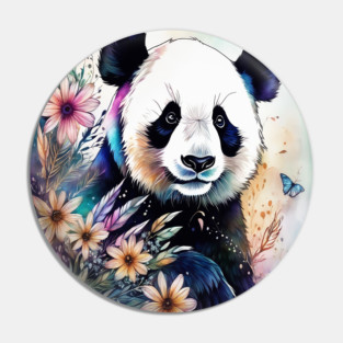 Fantasy, Watercolor, Panda Bear With Flowers and Butterflie Pin