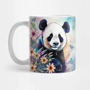 Fantasy, Watercolor, Panda Bear With Flowers and Butterflie Mug