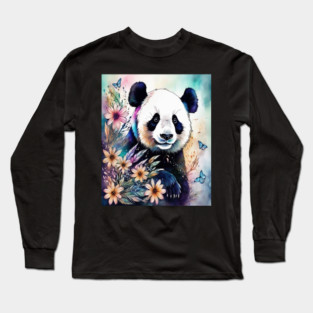Fantasy, Watercolor, Panda Bear With Flowers and Butterflie Long Sleeve T-Shirt