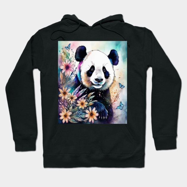 Fantasy, Watercolor, Panda Bear With Flowers and Butterflie Hoodie by BirdsnStuff