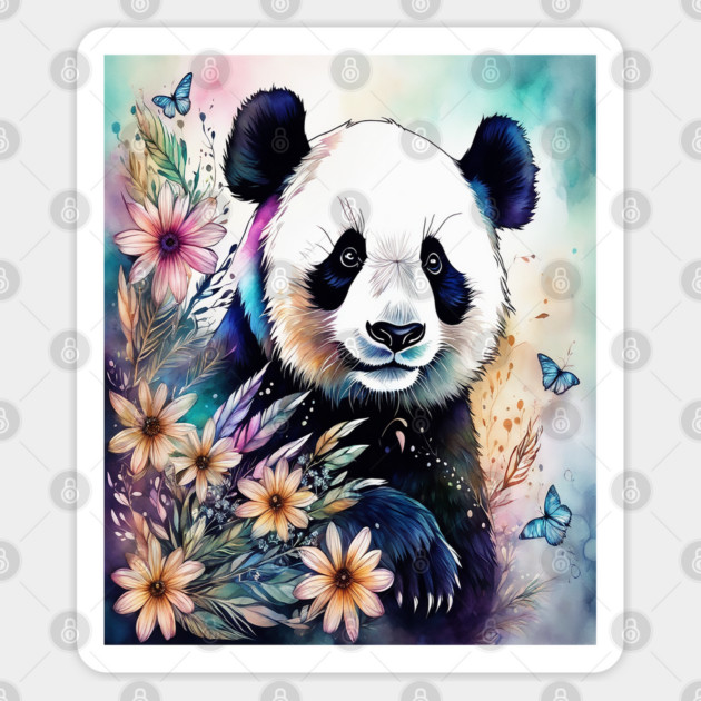 Fantasy, Watercolor, Panda Bear With Flowers and Butterflie Sticker by BirdsnStuff