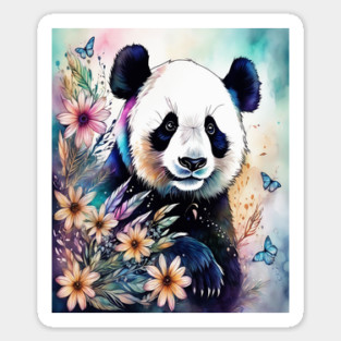 Fantasy, Watercolor, Panda Bear With Flowers and Butterflie Magnet