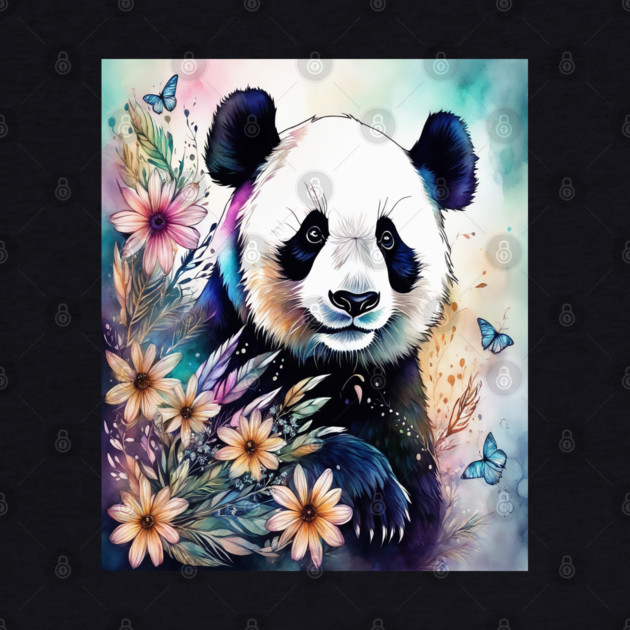 Fantasy, Watercolor, Panda Bear With Flowers and Butterflie by BirdsnStuff