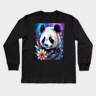 Fantasy, Watercolor, Panda Bear With Flowers and Butterflies Kids Long Sleeve T-Shirt