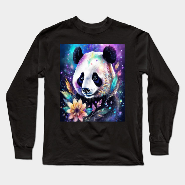 Fantasy, Watercolor, Panda Bear With Flowers and Butterflies Long Sleeve T-Shirt by BirdsnStuff