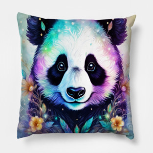 Fantasy, Watercolor, Panda Bear With Flowers and Butterflies Pillow