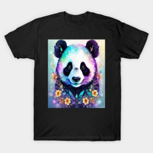 Fantasy, Watercolor, Panda Bear With Flowers and Butterflies T-Shirt